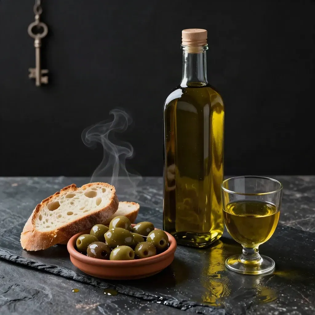Bottiglia di olio EVO ambrata con olive e pane su pietra bagnata, luce drammatica