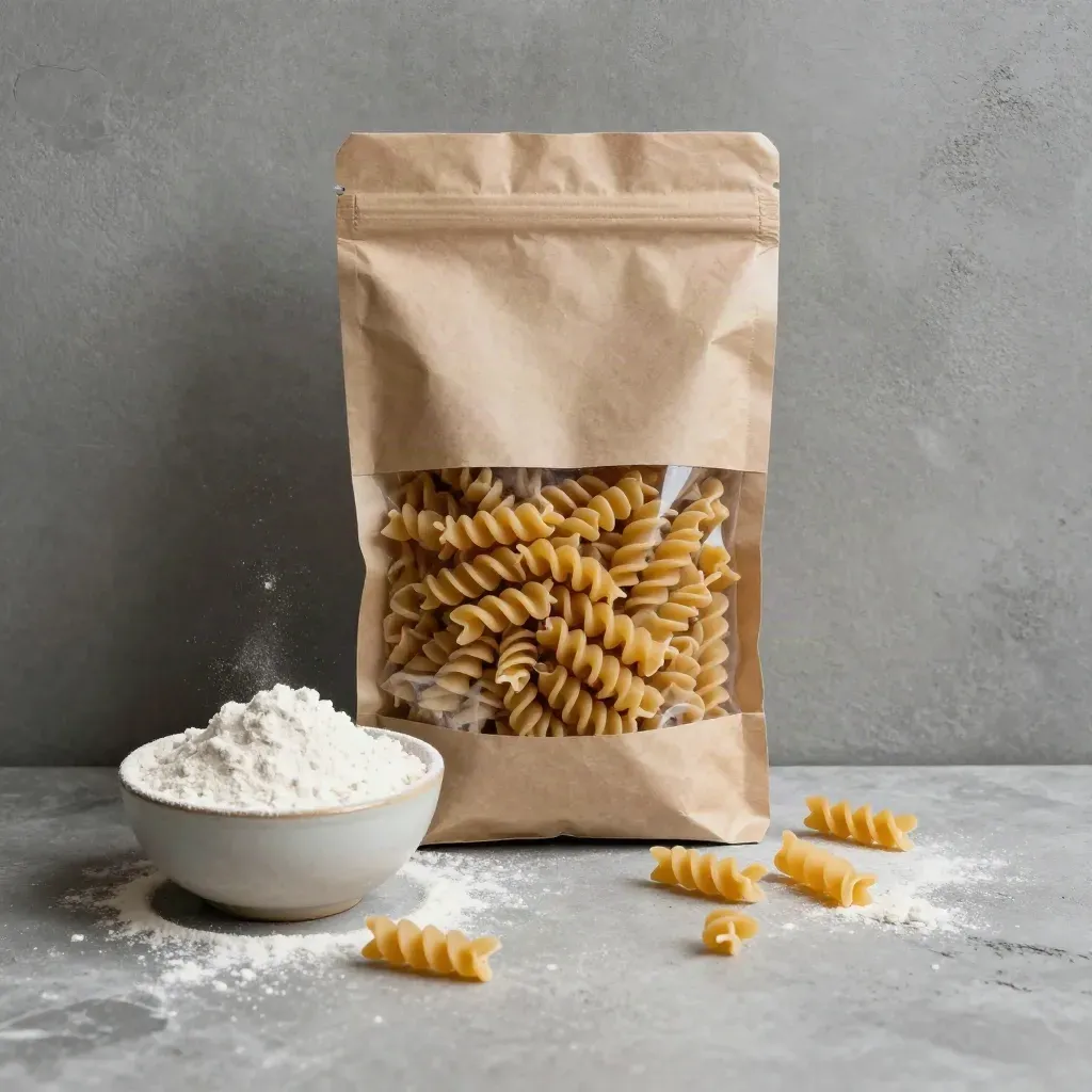 Sacchetto neutro di fusilli integrali bio con ciotolina di farina e spirali sparse su cemento chiaro.