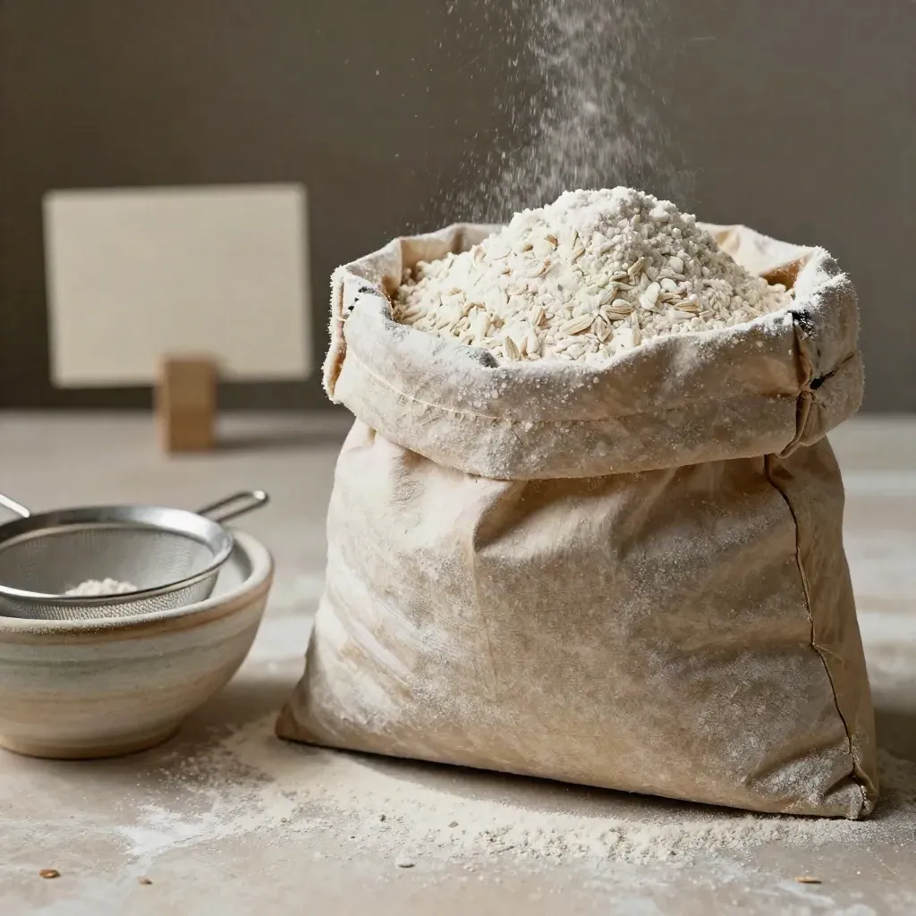 Primo piano del sacco di farina di farro bio con setaccio, ciotola grezza e polvere sospesa.