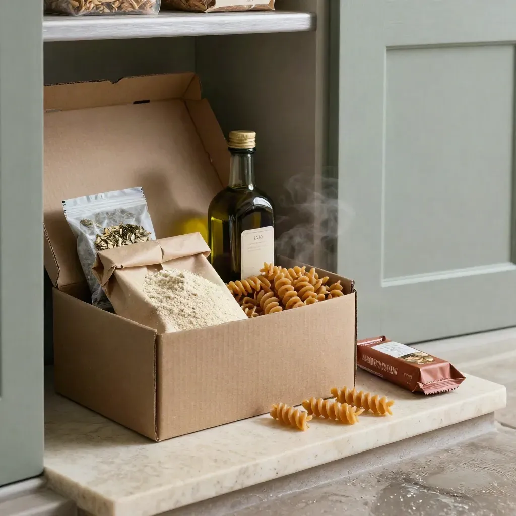 Box dispensa bio aperta con pasta, farina, olio, tisane e barrette su pietra bagnata.