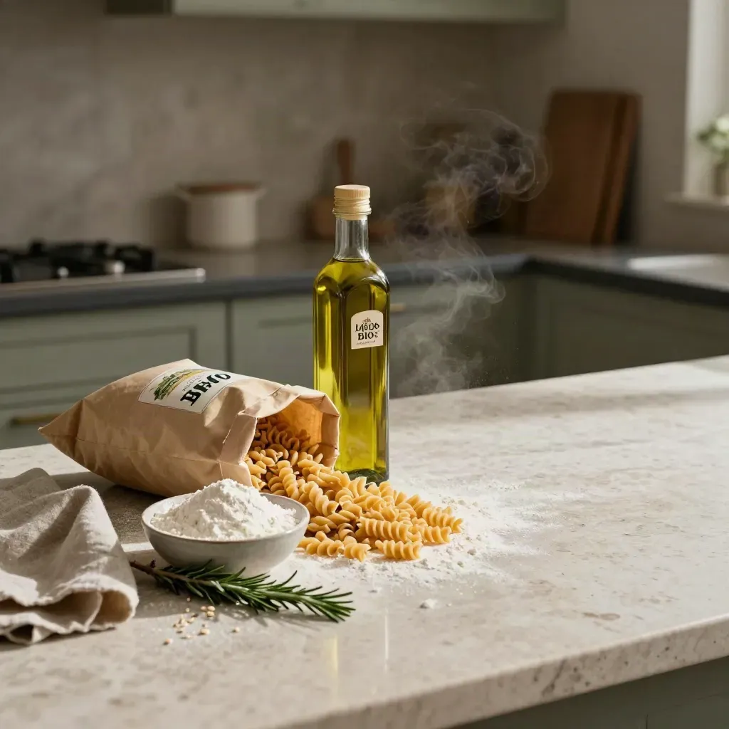 Set pasta e olio con fusilli, bottiglia d'olio EVO, farina e rosmarino su piano in travertino.