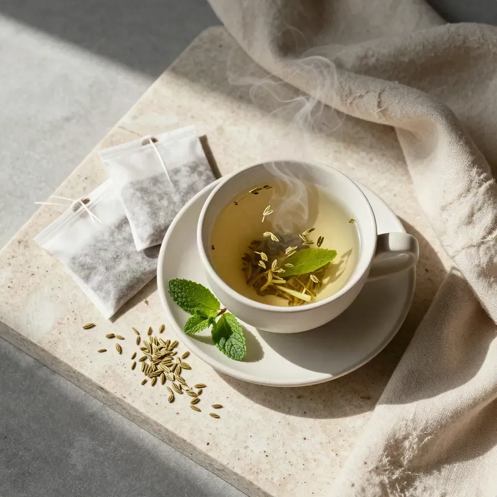 Tazza di tisana al finocchio e menta con semi e foglie su lino e travertino chiaro.