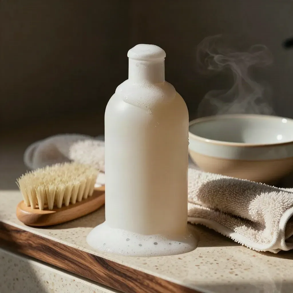 Flacone shampoo bimbo con schiuma, asciugamano spugna, spazzolina e ciotola in ceramica su travertino.