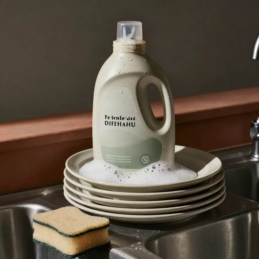 Bottiglia neutra di detersivo piatti bio con piatti in ceramica e schiuma su lavello scuro