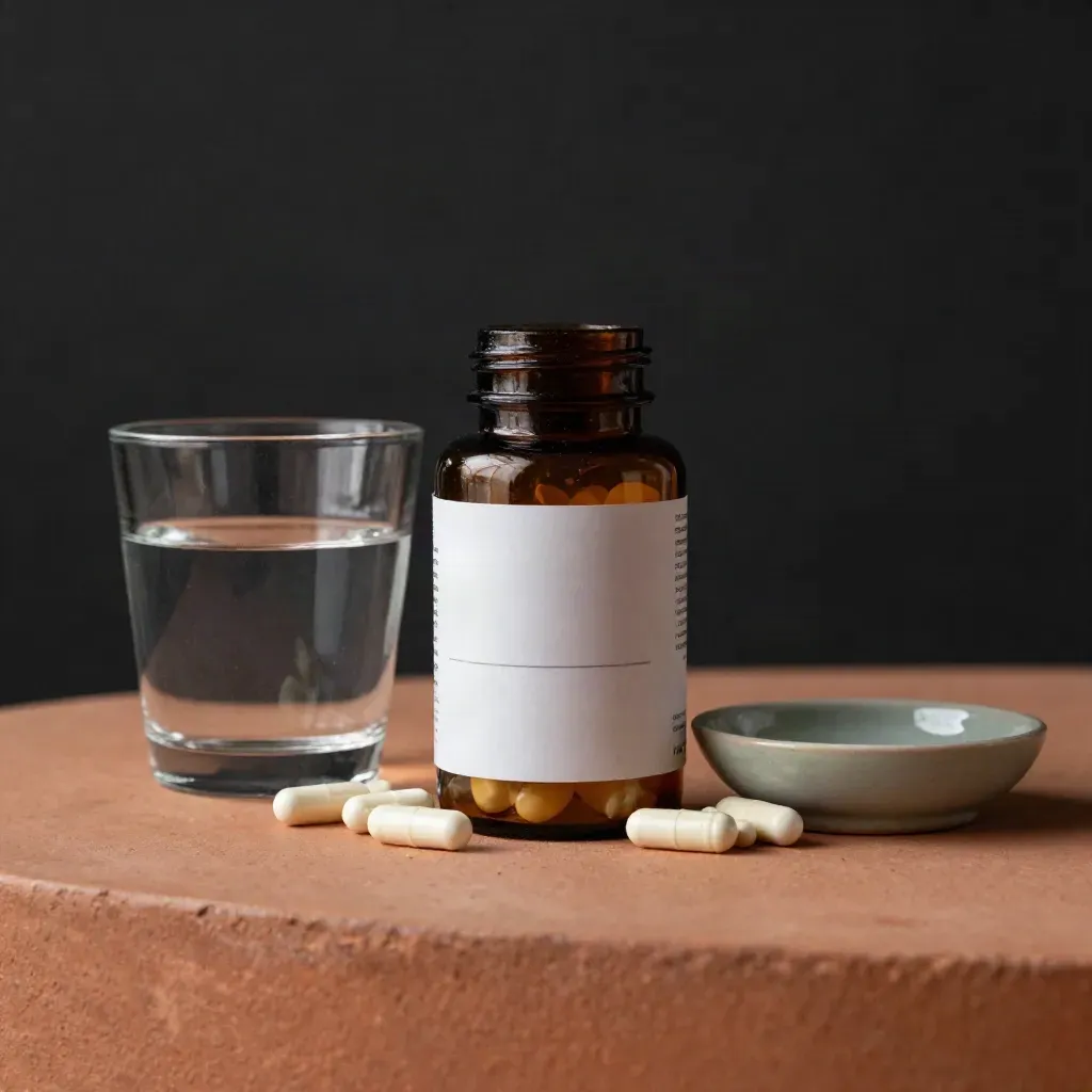 Flacone ambrato di magnesio e vitamina D con capsule e bicchiere d’acqua opaco su fondo scuro