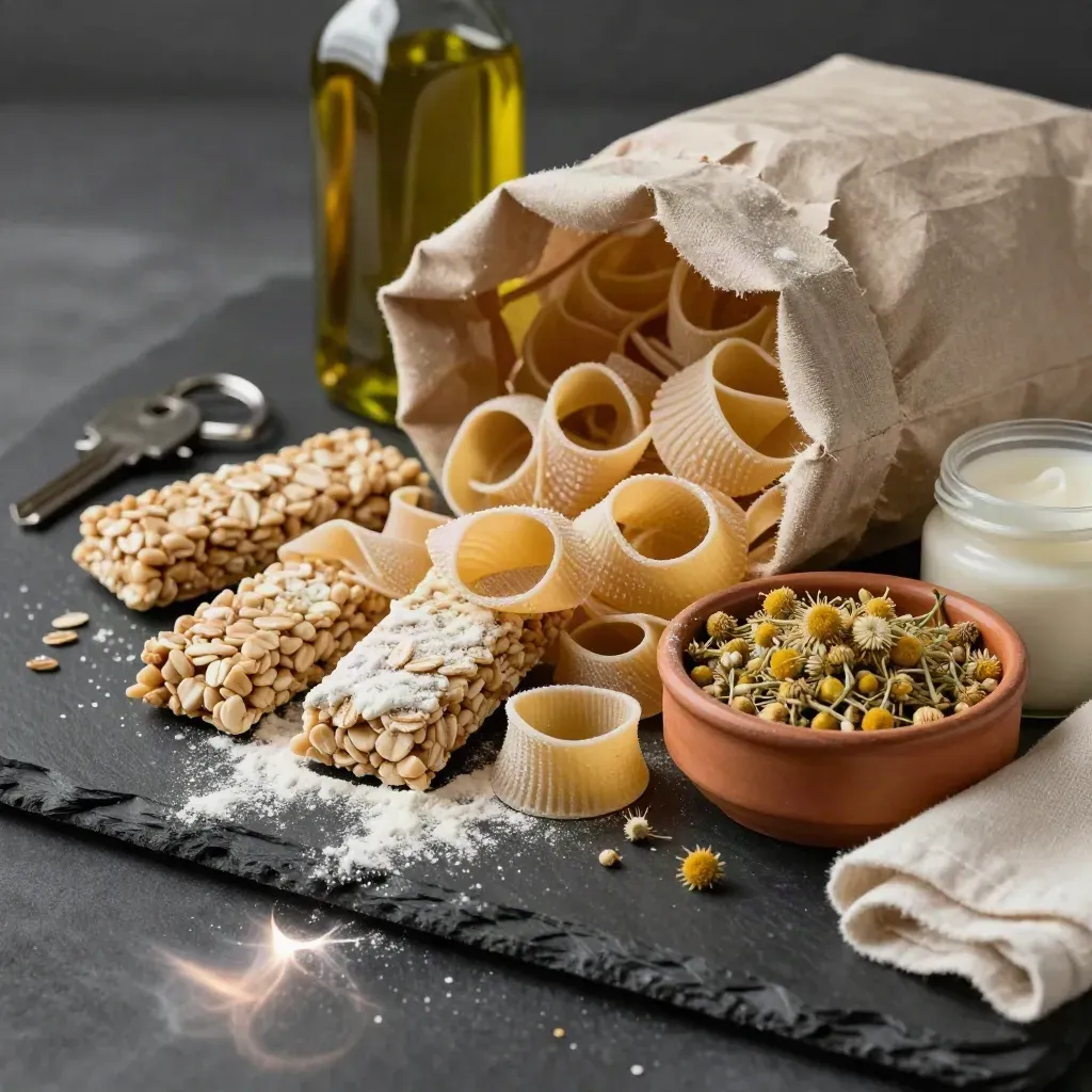 Haul bio drammatico di pasta, olio, farine, snack, tisane e cura bimbo su sfondo nero.