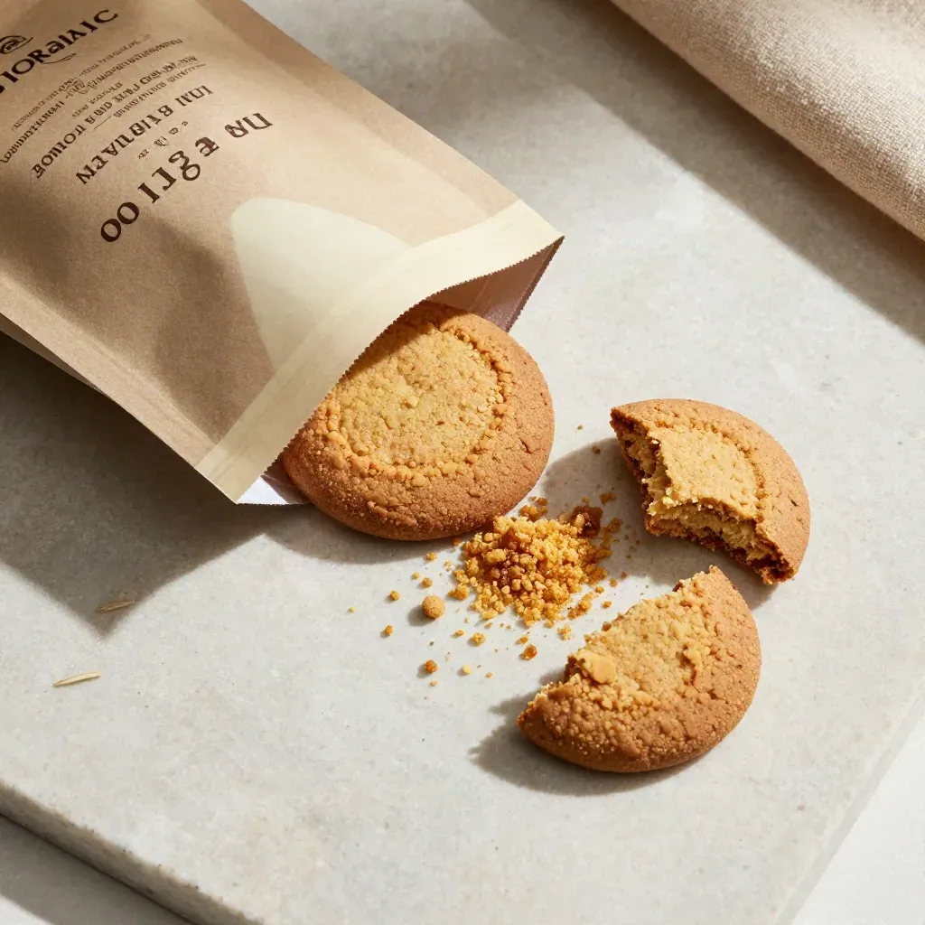 Sacchetto neutro di biscotti avena e miele con biscotti rotti e briciole su pietra chiara.
