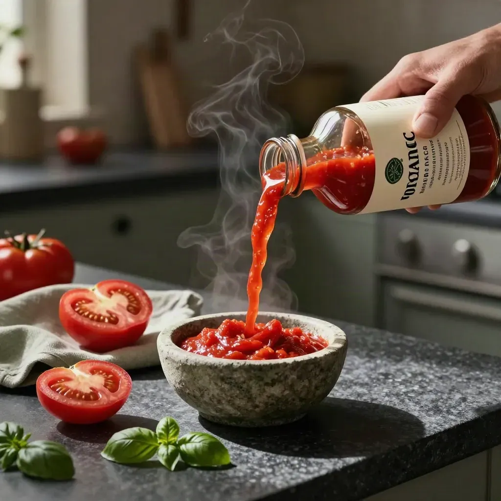 Bottiglia di passata bio con cucchiaio in ceramica e pomodori maturi su pietra scura.