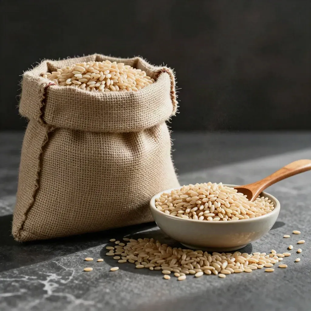 Sacchetto di riso integrale bio con chicchi in cono e mestolo su pietra scura