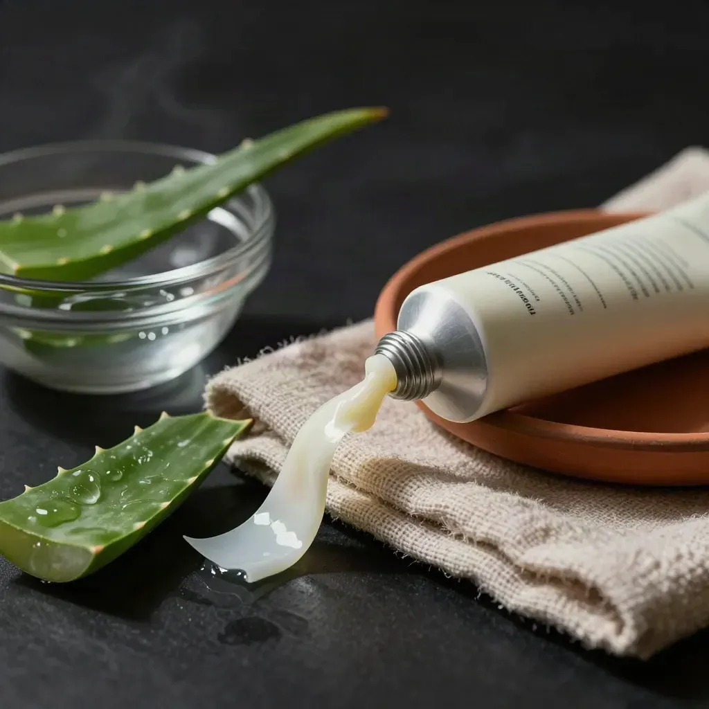 Tubetto crema mani all'aloe con asciugamano in lino, foglia di aloe e ciotolina di vetro su fondo scuro.