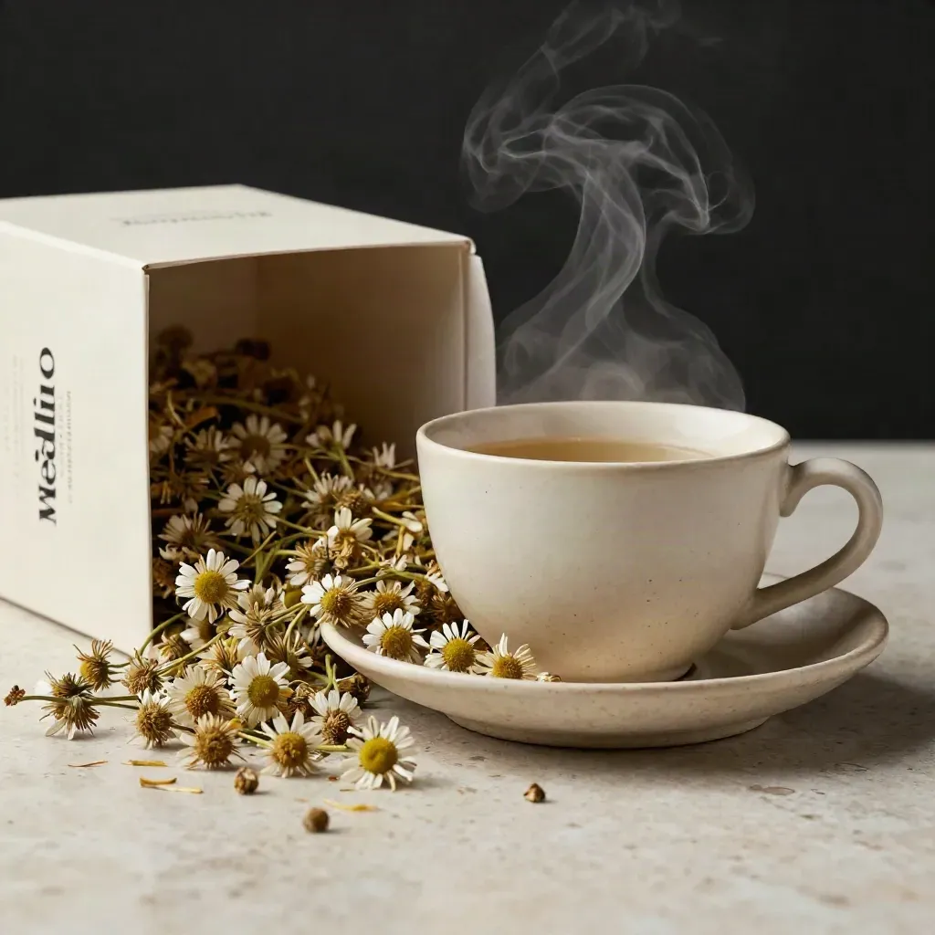 Scatola neutra di tisana alla camomilla con tazza fumante e petali secchi su piattino grezzo.