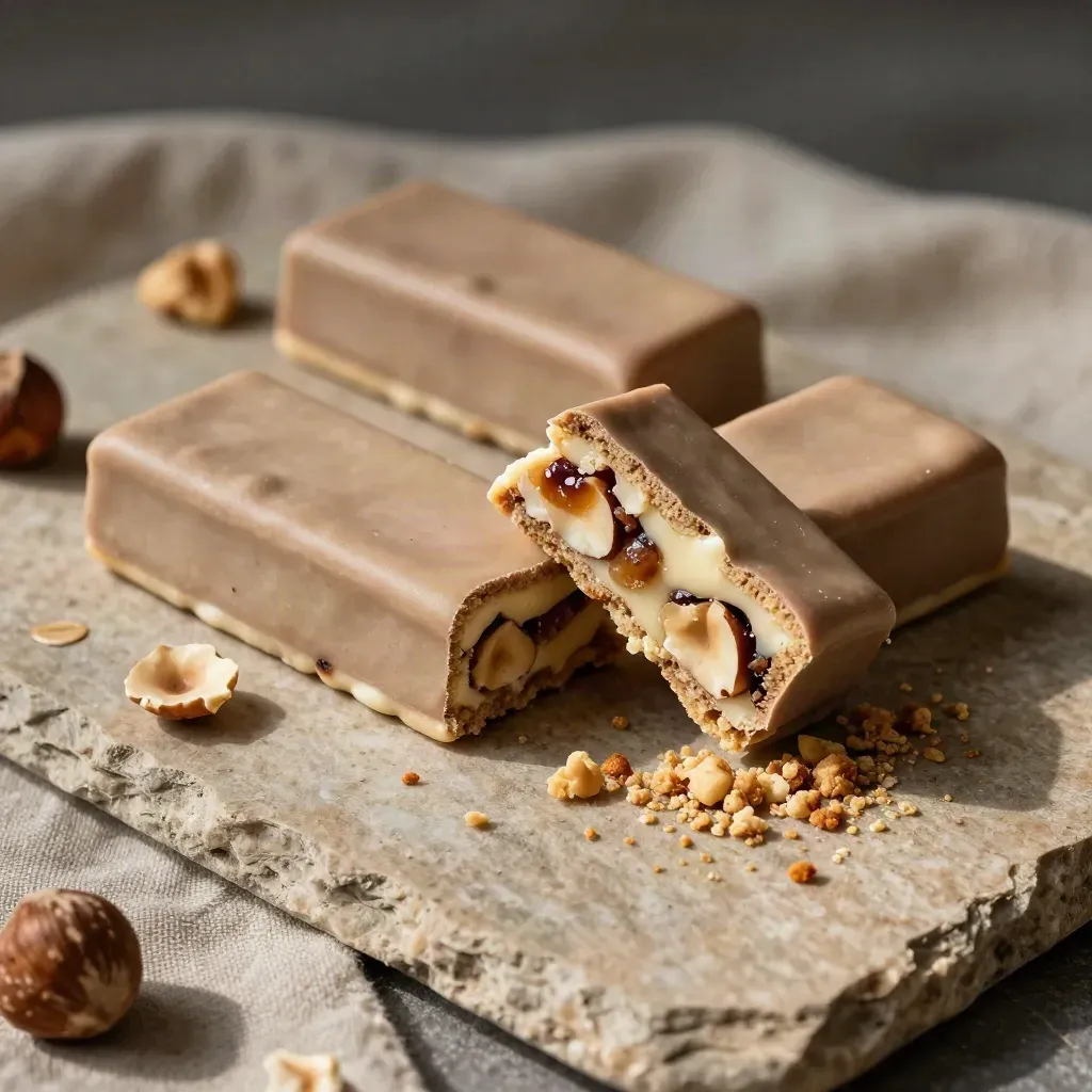 Barrette di frutta e nocciole spezzate su lino grezzo con briciole e nocciole