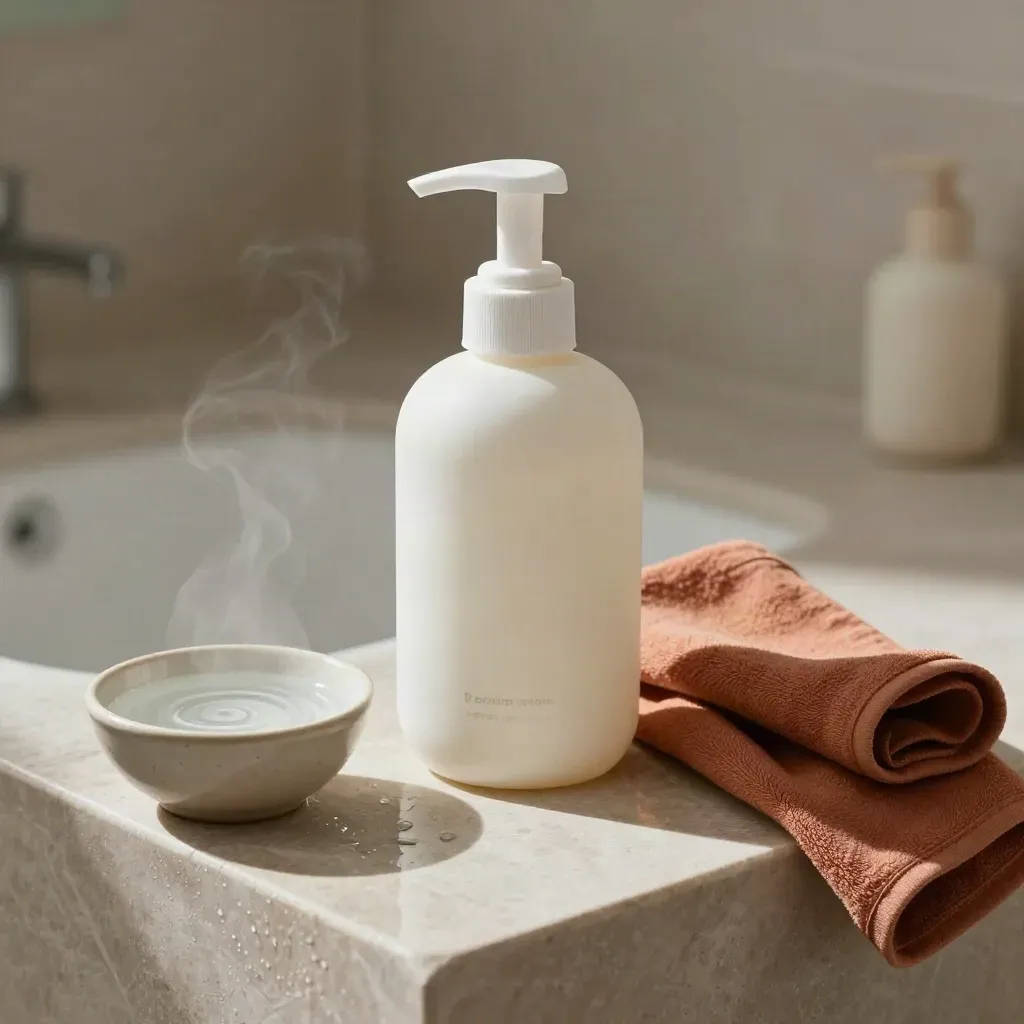 Flacone neutro di latte detergente bimbo con panno morbido e ciotolina d’acqua in bagno vaporoso