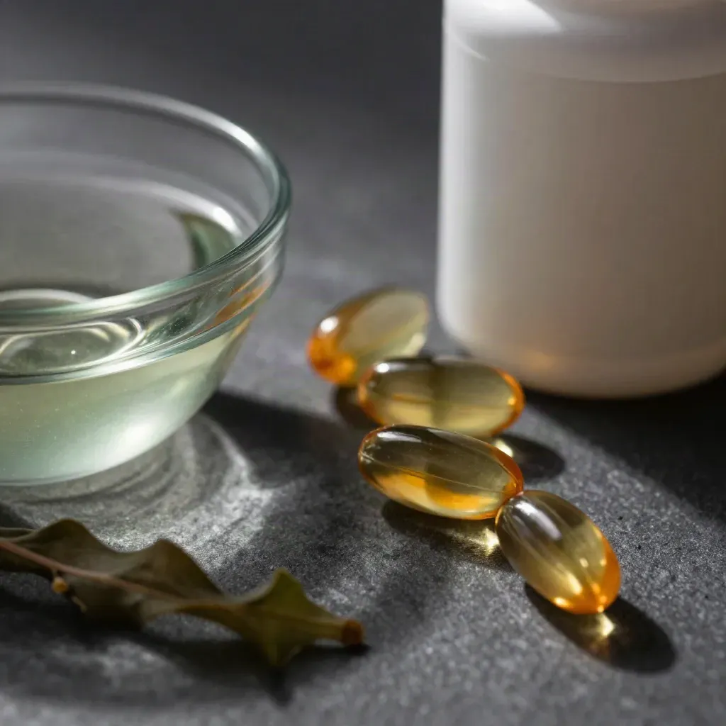 Capsule ambrate di omega 3 da alghe accanto a flacone neutro, ciotola di vetro e alghe secche.