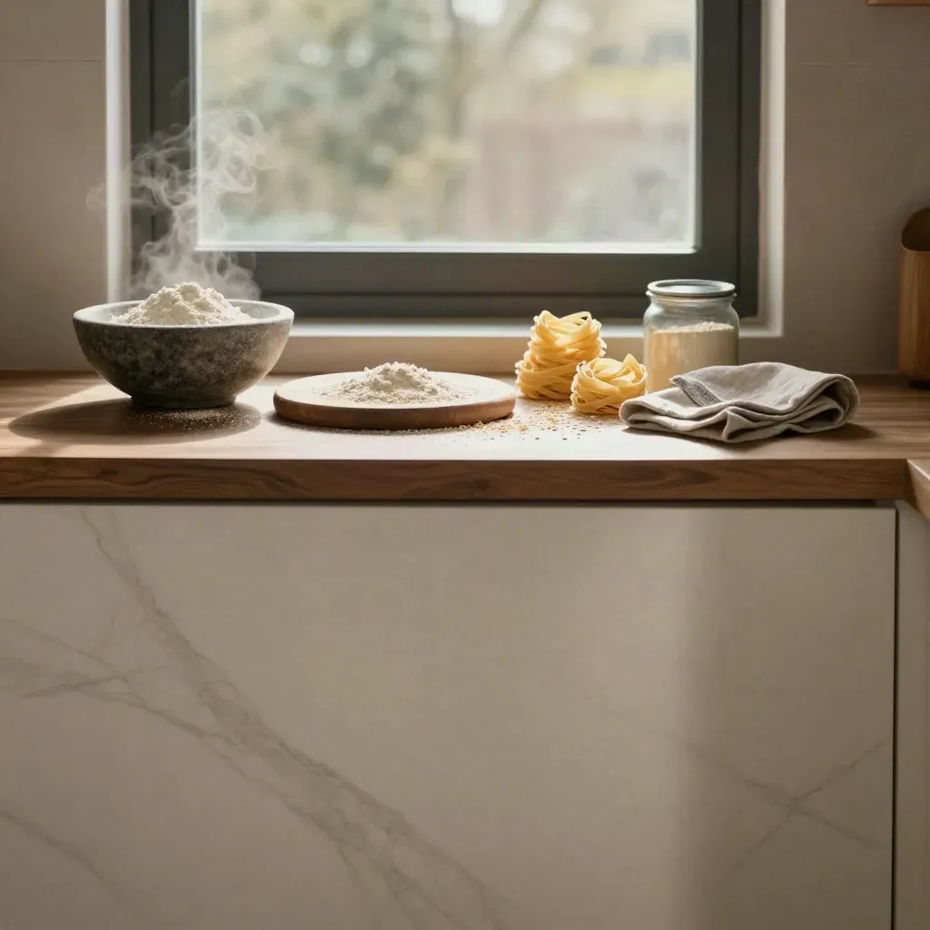 Cucina luminosa con piano in marmo crema, farina, tagliatelle e luce del mattino.