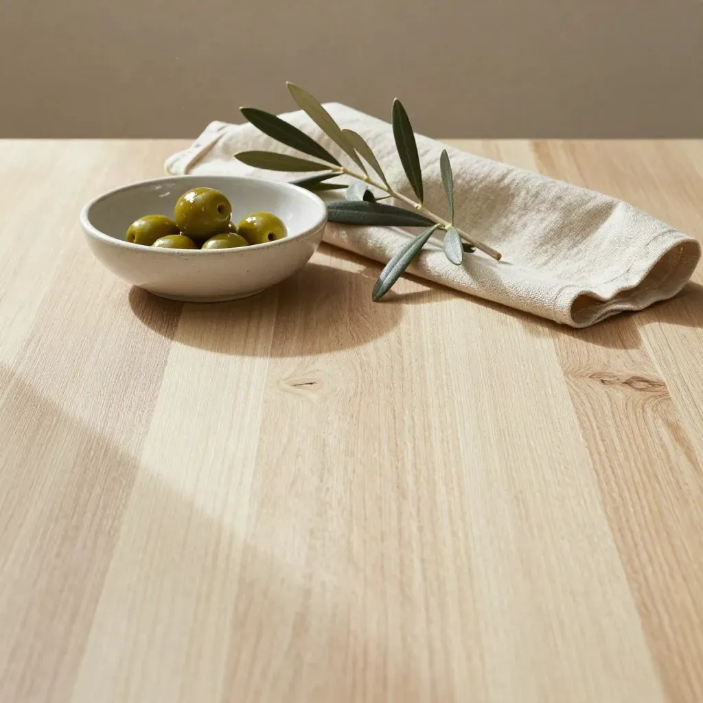 Tavola in legno chiaro con ciotola in ceramica, canovaccio e rametto d’ulivo alla luce del sole.
