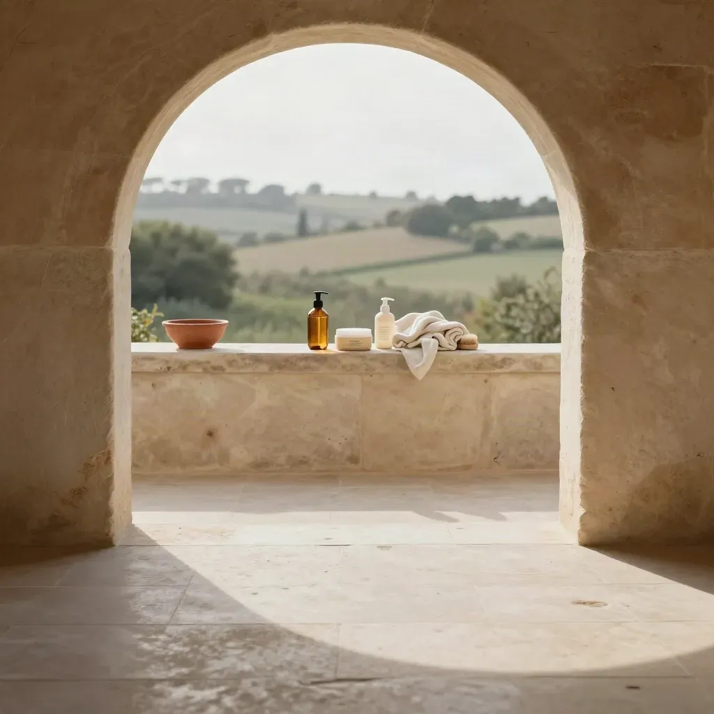 Portico in pietra con arco alto, travertino e prodotti baby bio sfocati sullo sfondo.