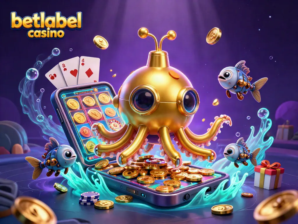 Engage with exciting games at betlabel casino featuring a kraken submarine amidst golden coins.