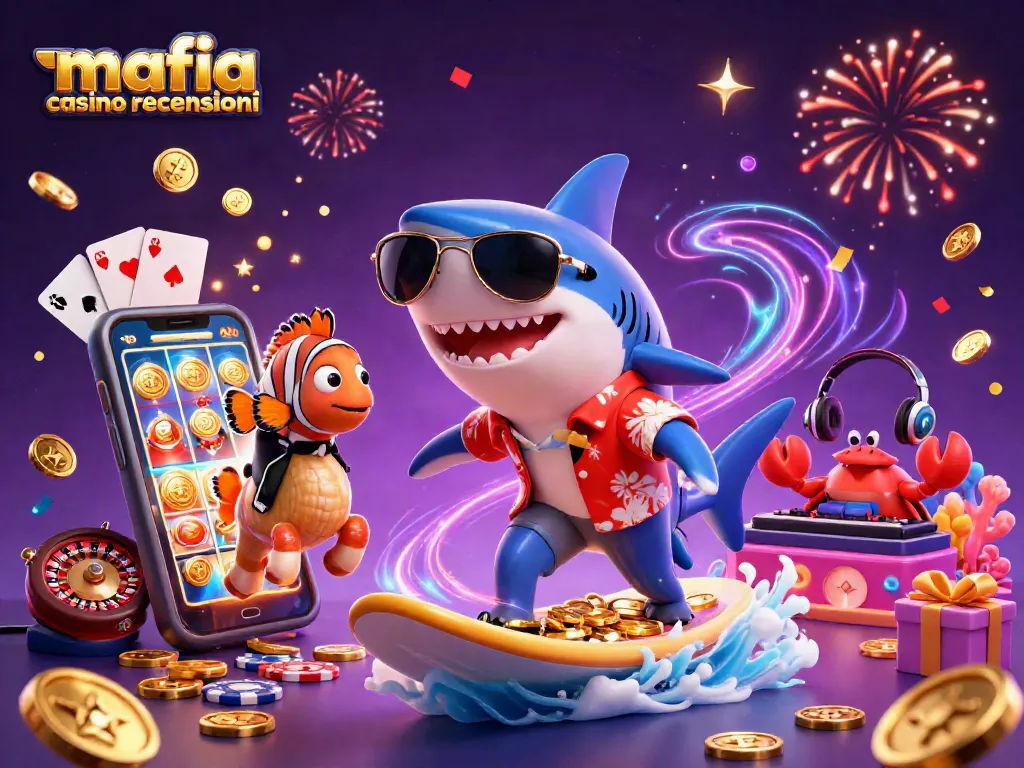 Mafia casino recensioni illustration depicting a shark surfing gold coins amidst vibrant casino elements.
