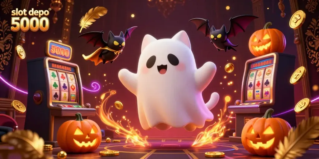 Experience the thrill of slot depo 5000 with a ghost cat, bat, and glowing jack-o-lanterns in a haunted casino.